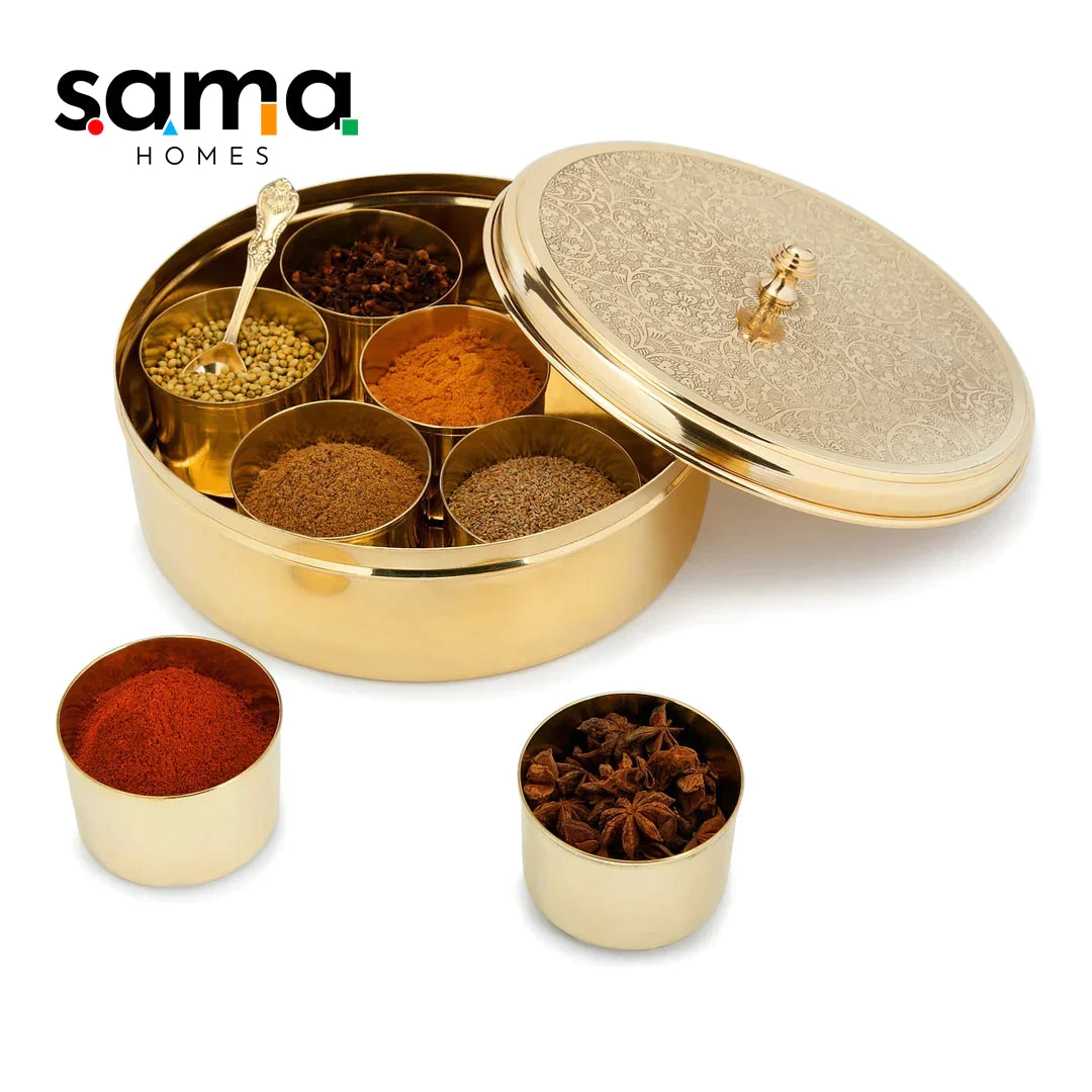 Handcrafted Antique Brass Masala Box Set for Kitchen with Spoon  (7