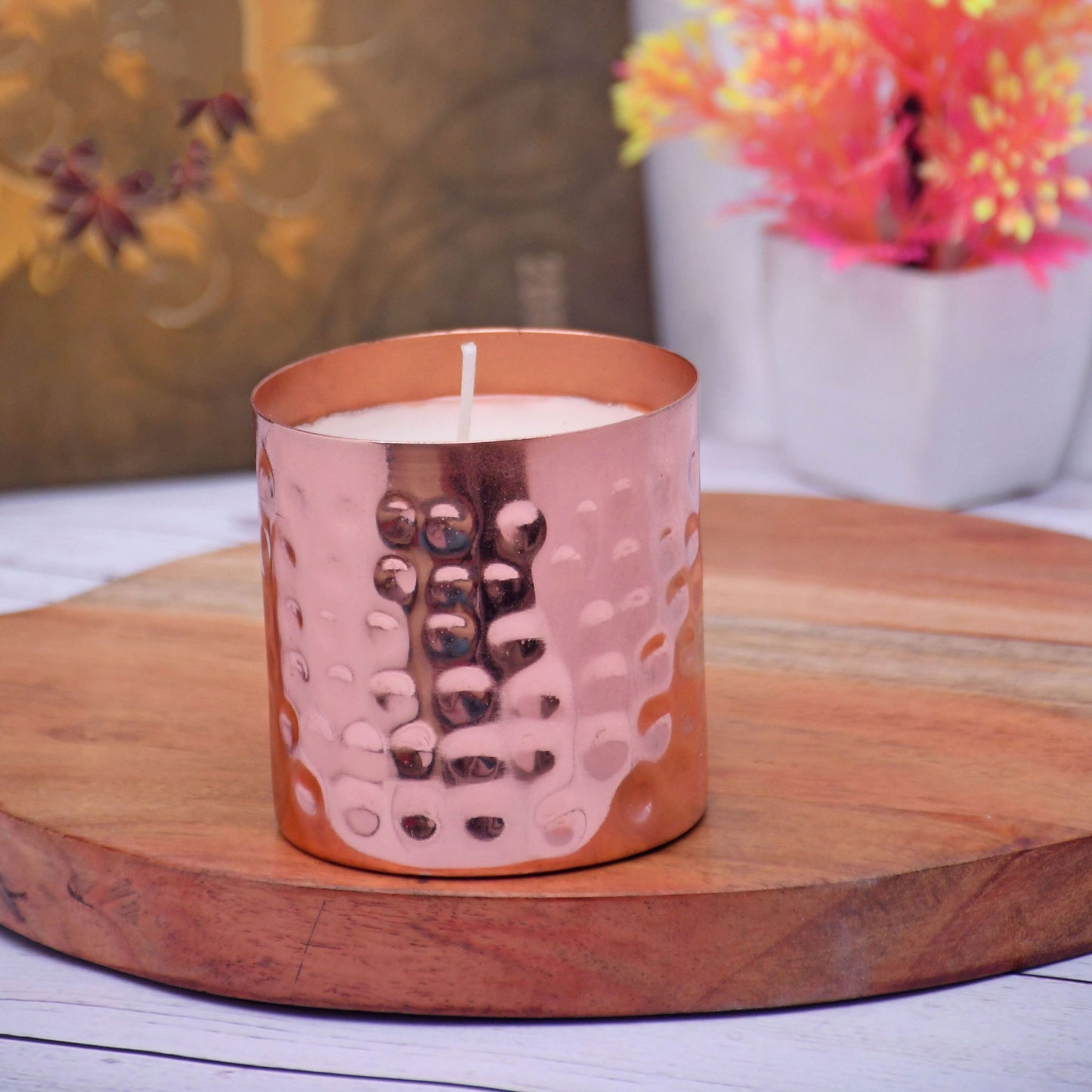 Copper Finish Hammered Straight Votive with Soy Wax Candle French