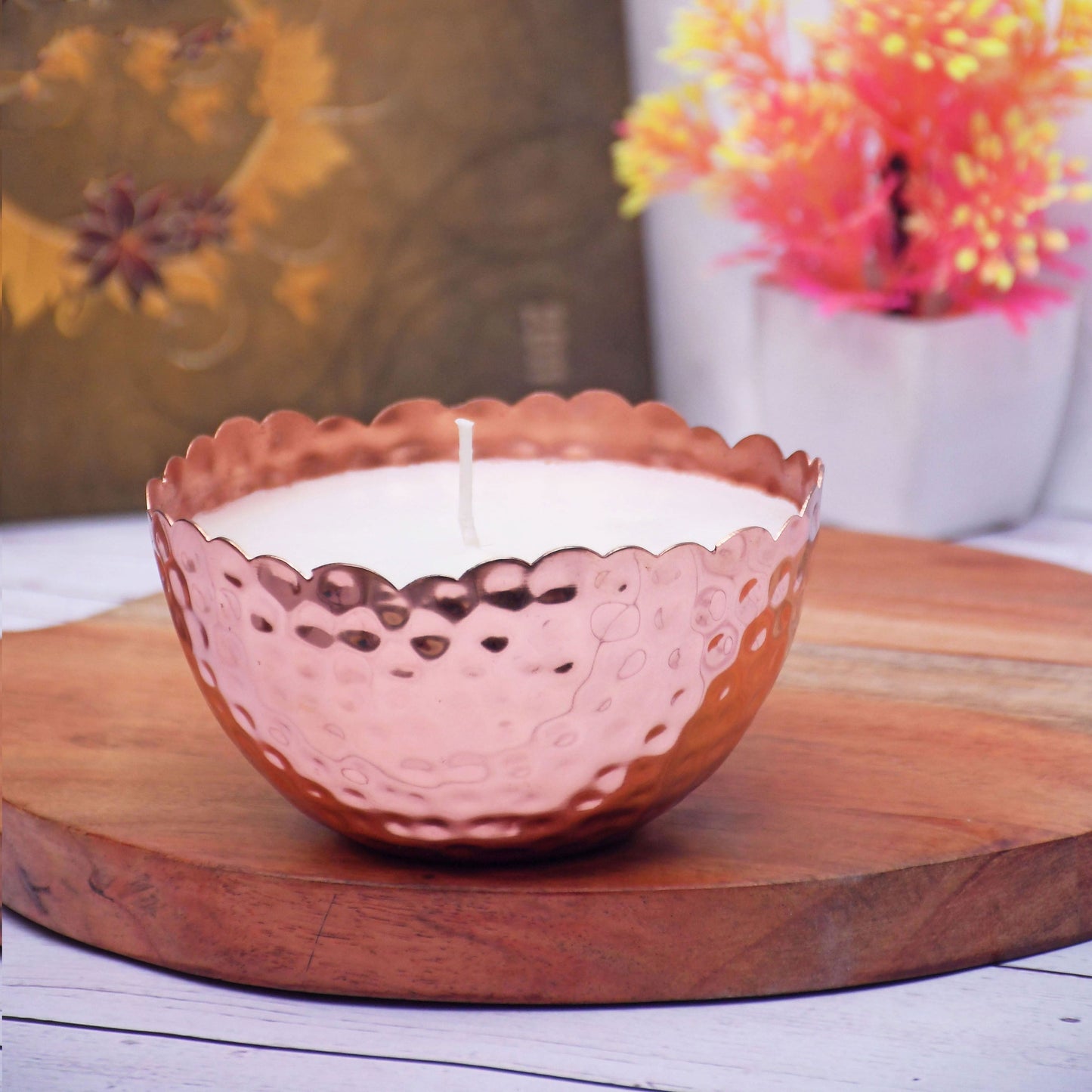 Copper Finish Hammered Votive with Design Soy Wax Candle French