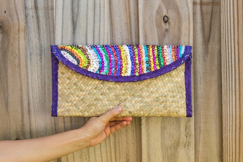 Eco-friendly Clutch Bag with Sequin Stripes, Purple Trim