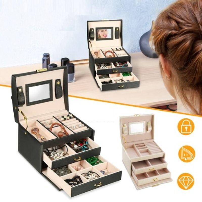3 Tier Travel Friendly Jewelry Box with Lock  Mirror  Vegan Leather