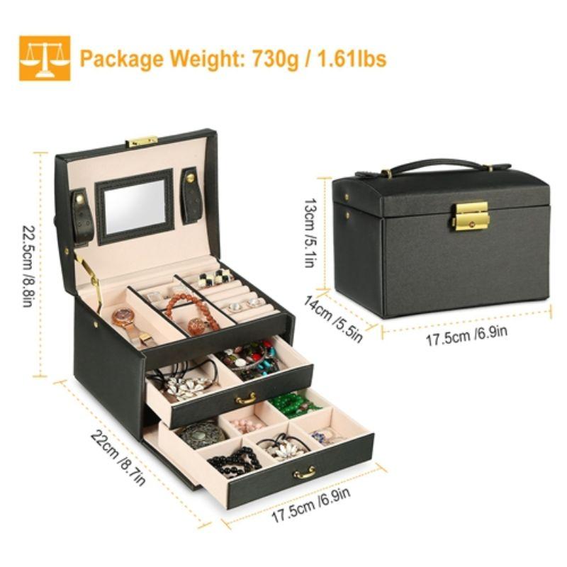3 Tier Travel Friendly Jewelry Box with Lock  Mirror  Vegan Leather