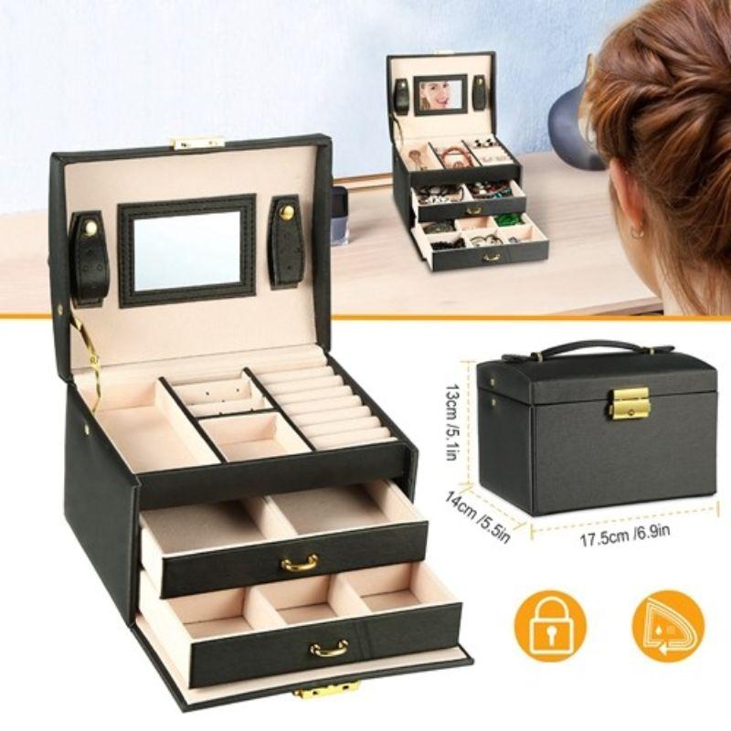 3 Tier Travel Friendly Jewelry Box with Lock  Mirror  Vegan Leather