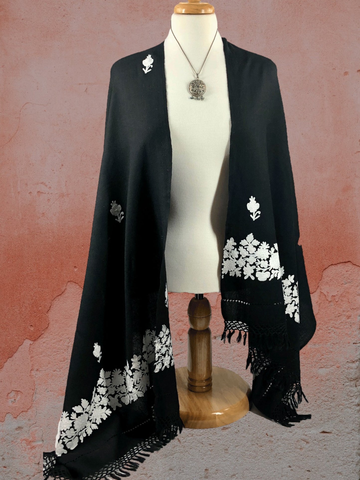 Black and White Embroidered Wool Wrap