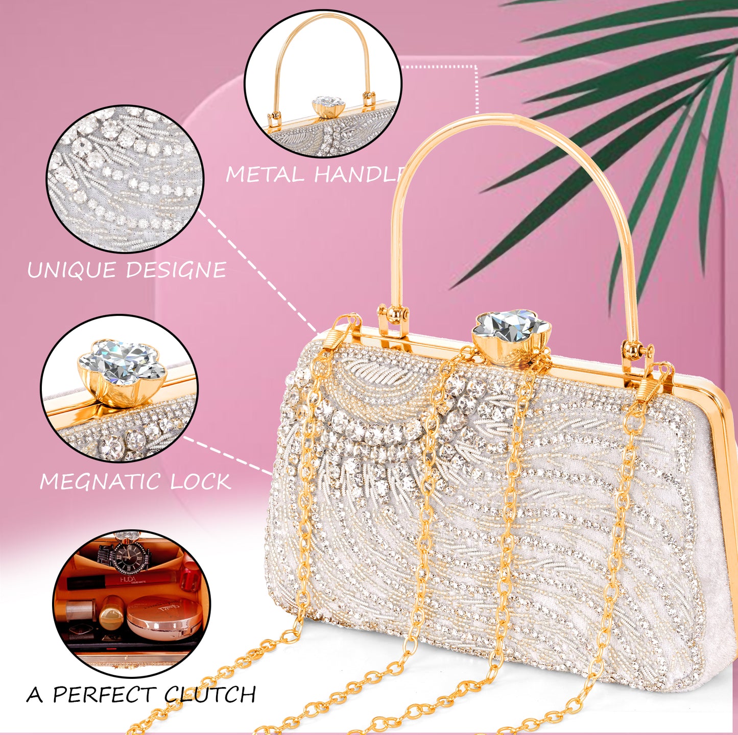 A.E Emboried Wedding Beautiful Silver Clutch |Fancy Ladies Purse |