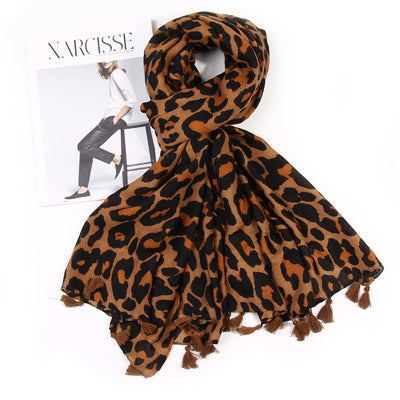 Ladies Leopard Print Scarf with Tassels