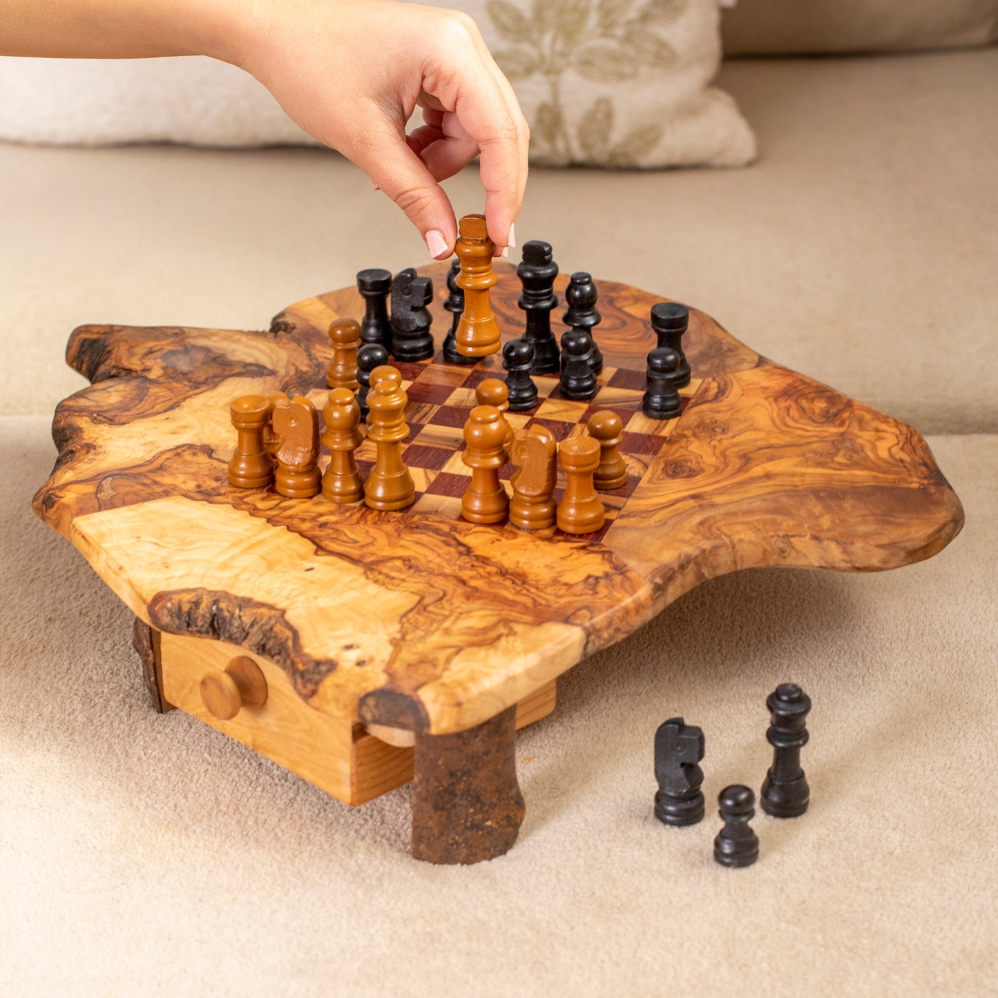 Olive Wood Chess Set with Red Squares and Drawers for Home Decor