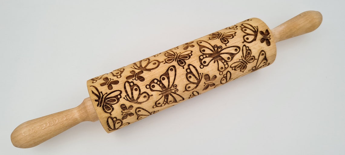 Engraved Rolling Pin Natural Wood Folk Kitchen Handmade - Butterflies