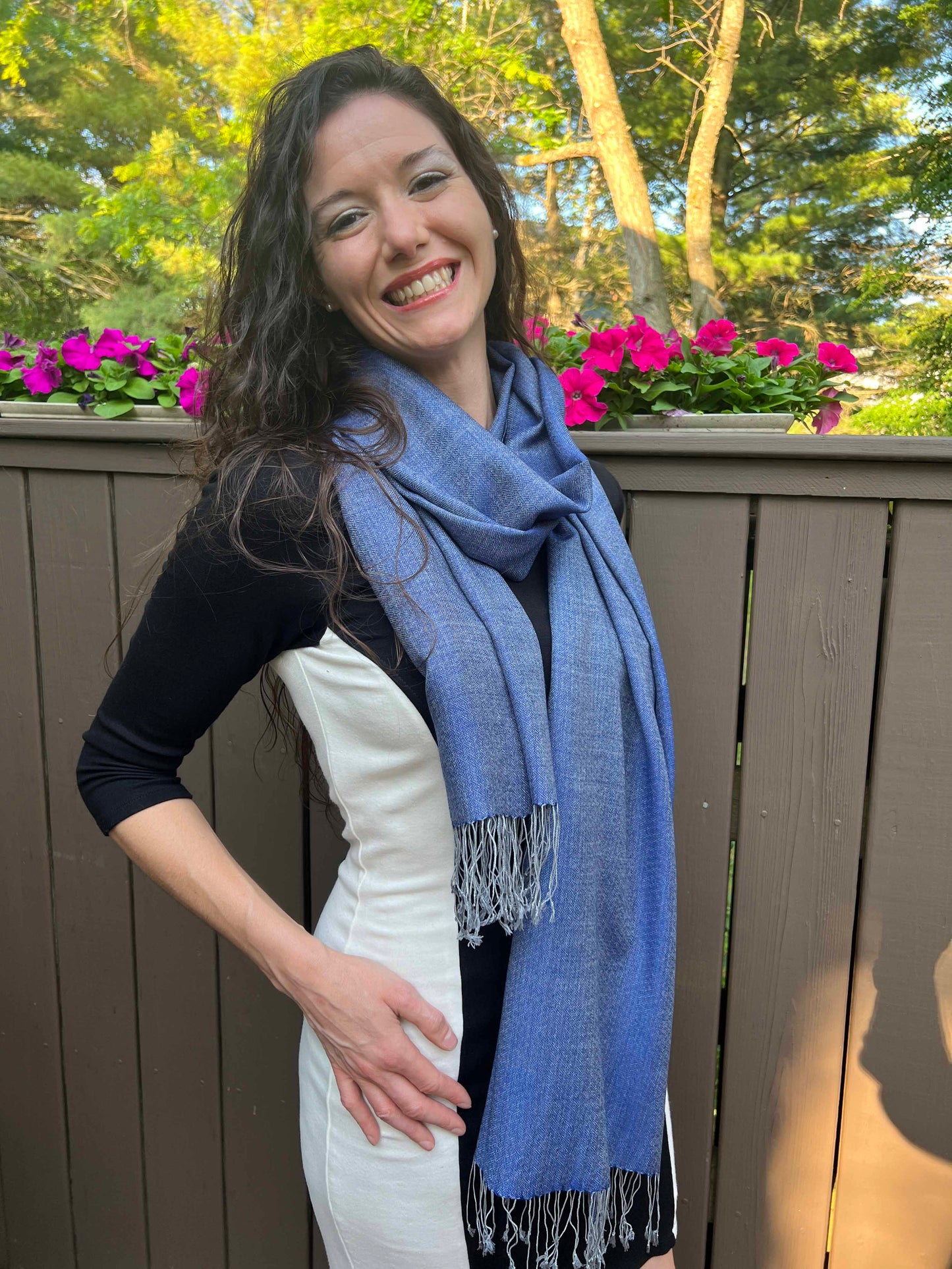 Blue Two Tone Wool And Silk Blend Scarf