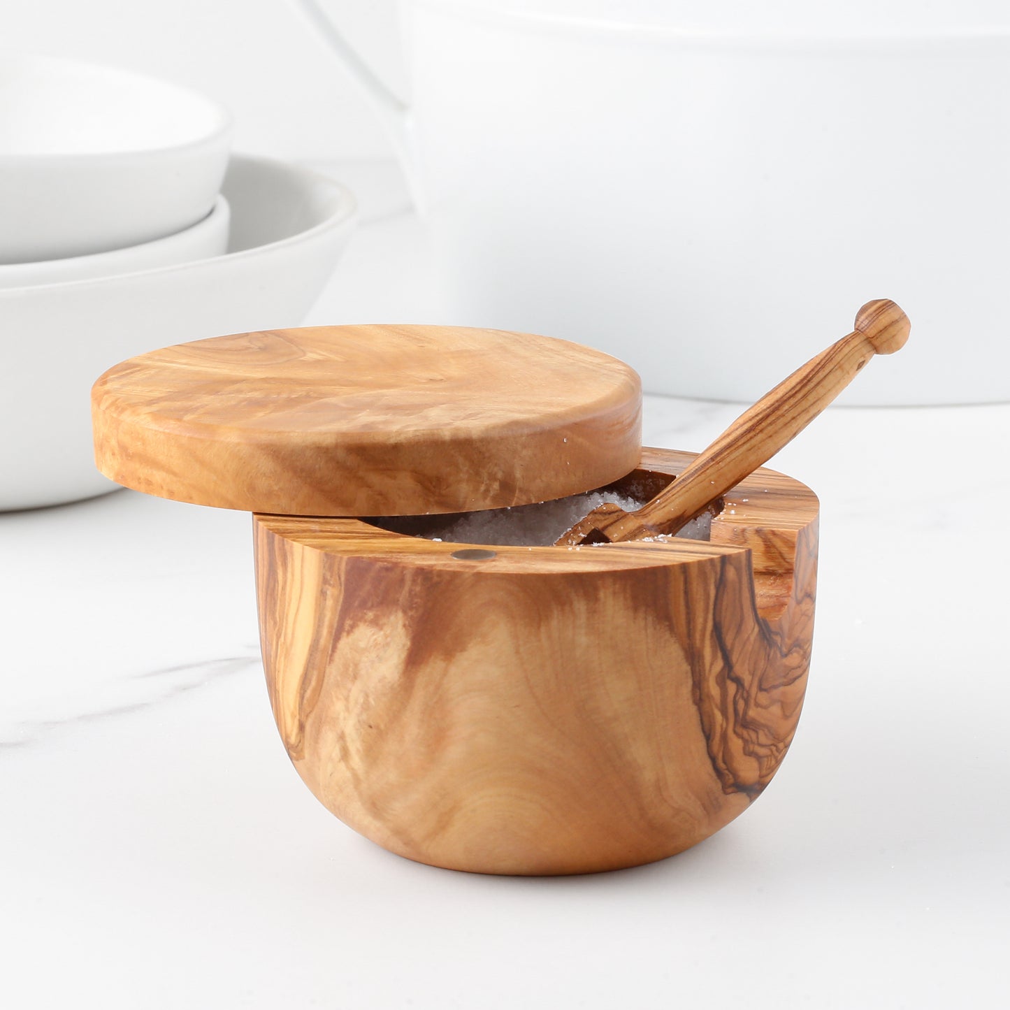 Handmade Olive Wood Salt Cellar with Scoop and Magnetic Lid