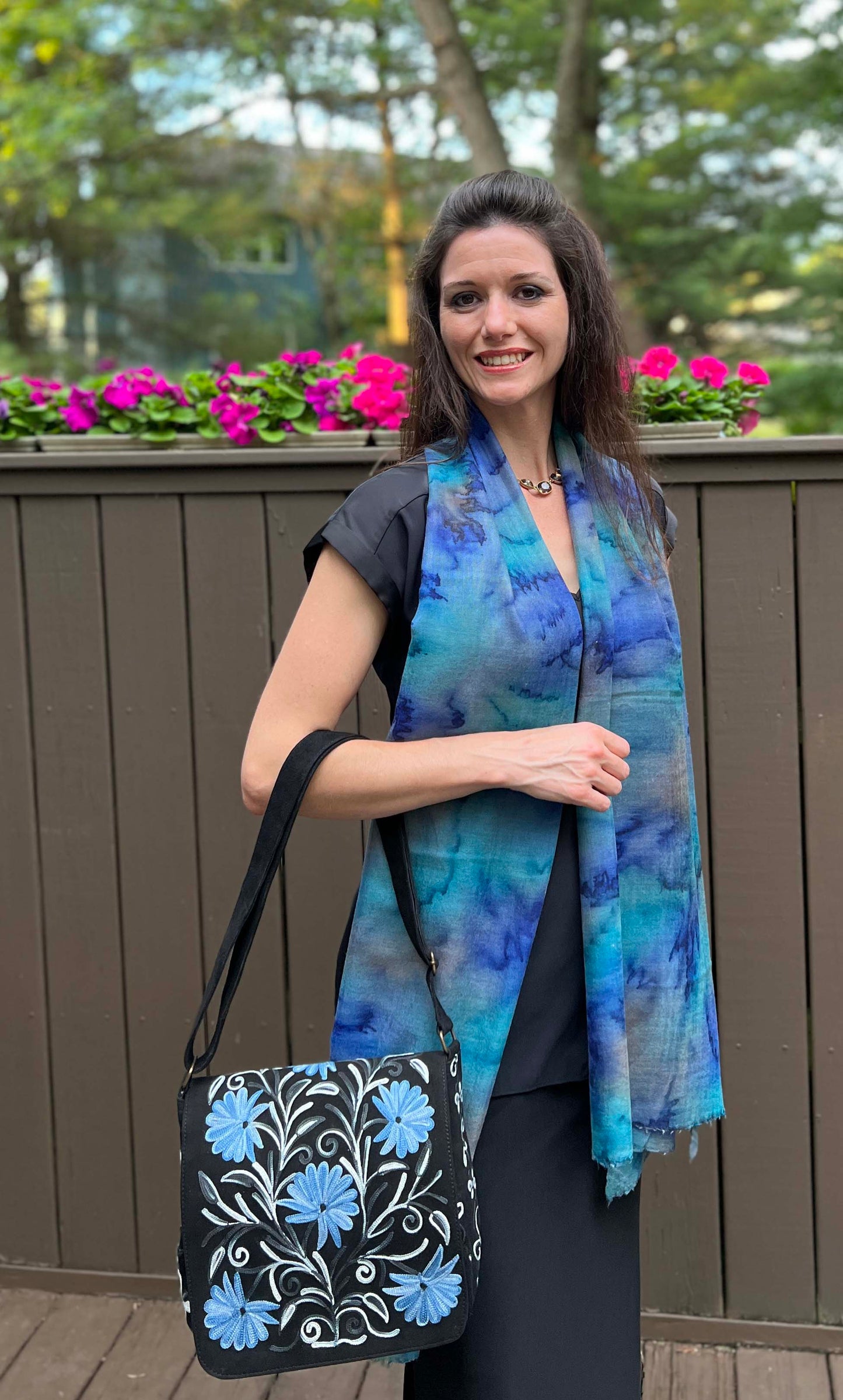 Handmade Blue and Black Suede Embroidered Messenger Bag