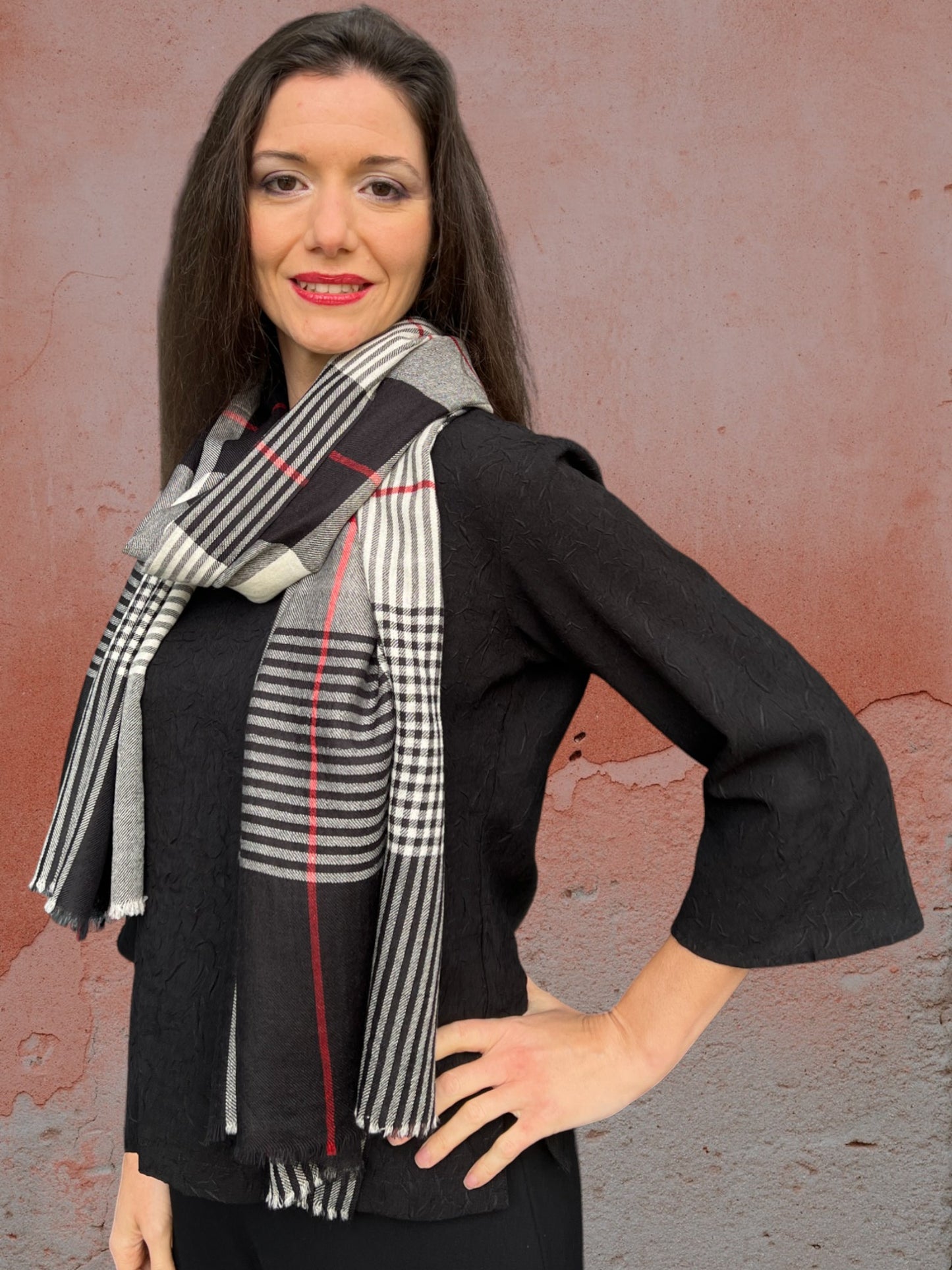 Hand Loomed Black Wool And Silk Check Scarf