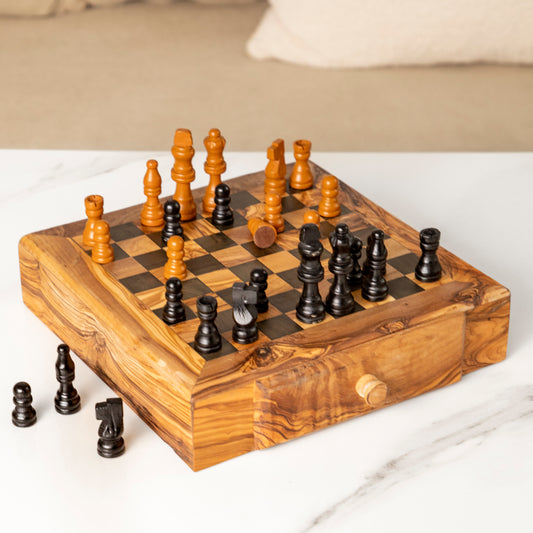 Handcrafted Olive Wood Chess Set with Drawers
