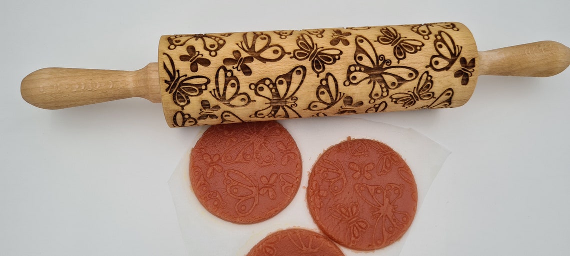 Engraved Rolling Pin Natural Wood Folk Kitchen Handmade - Butterflies