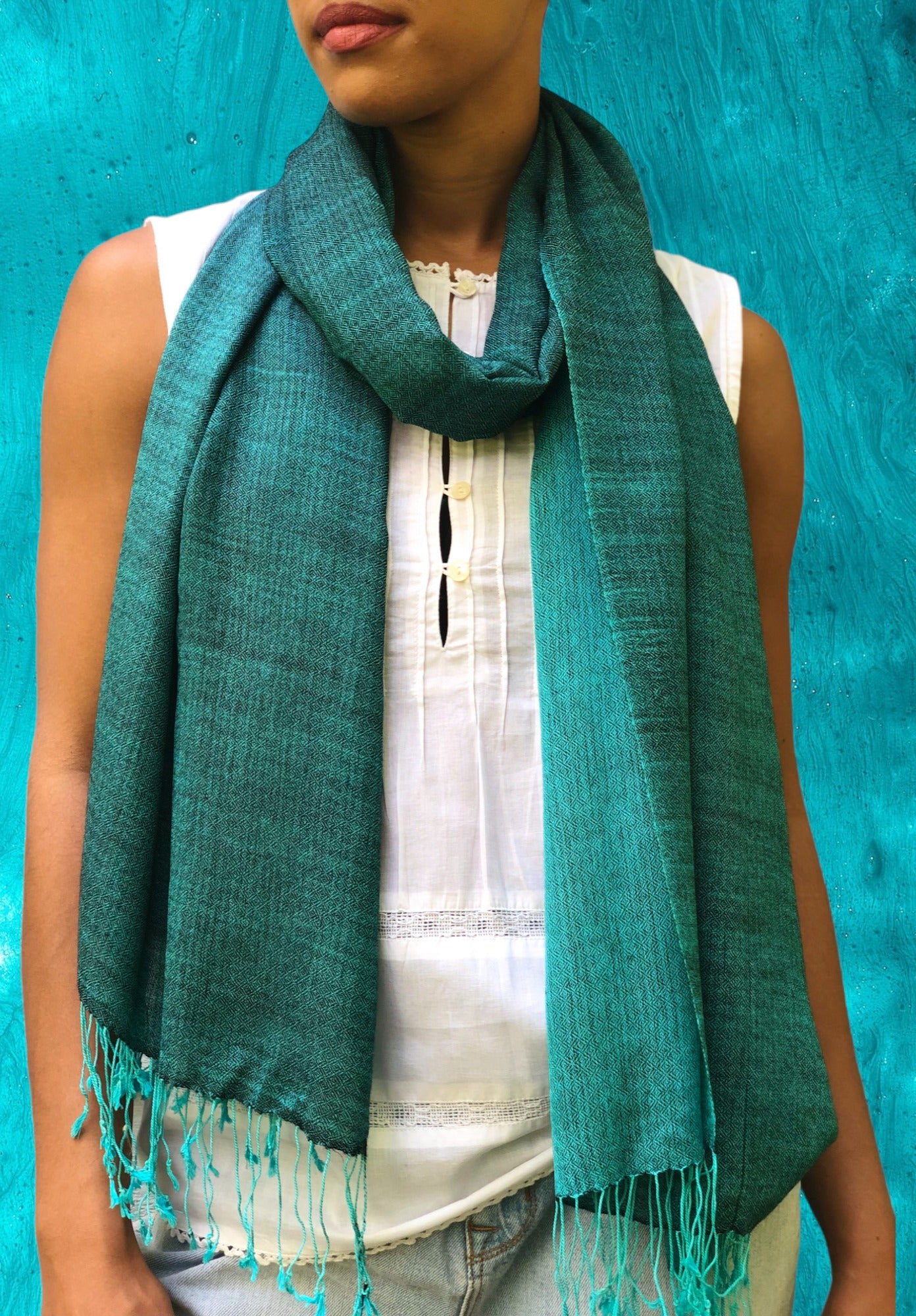 Teal Two Tone Wool And Silk Blend Scarf