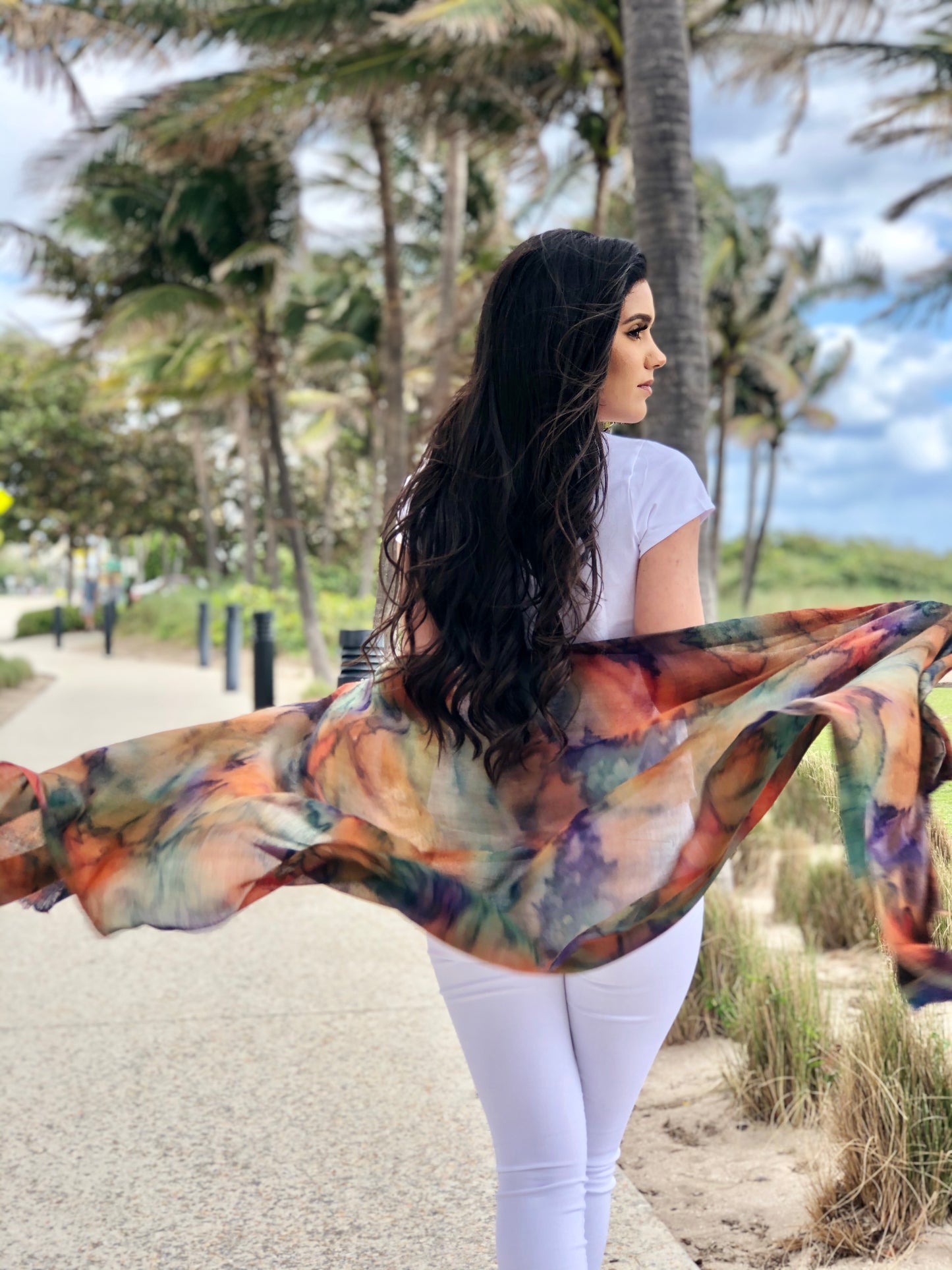 Hand Painted Orange & Purple Watercolor Wool & Silk Scarf