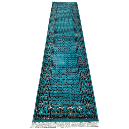 2.5×10 Feet Hand Knotted Turquoise Wool Carpet