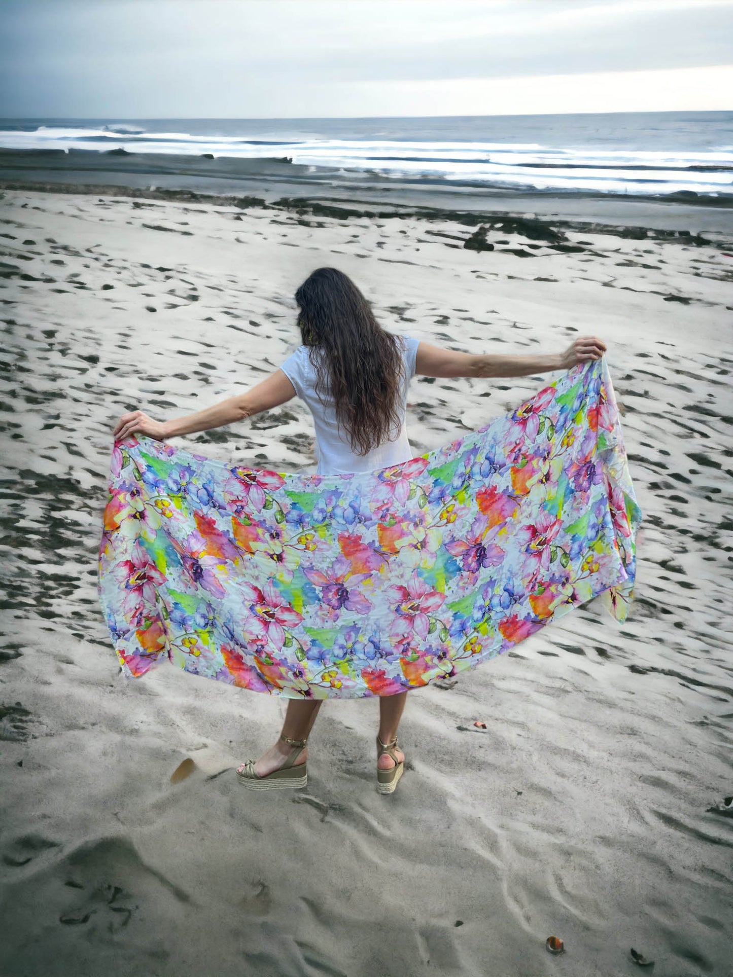 Spring Flowers Digitally Printed Abstract Watercolor Scarf