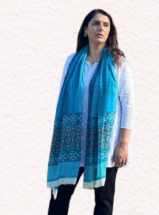 Turquoise Hand Painted Wool And Silk Blend Scarf
