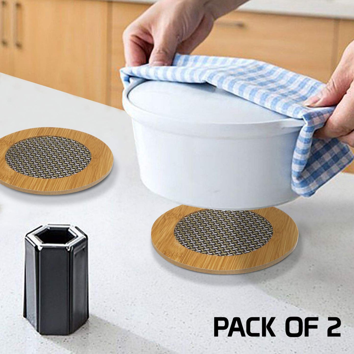 Round Wooden Utensil Pot Rest Pad Counter-Top (2pc)