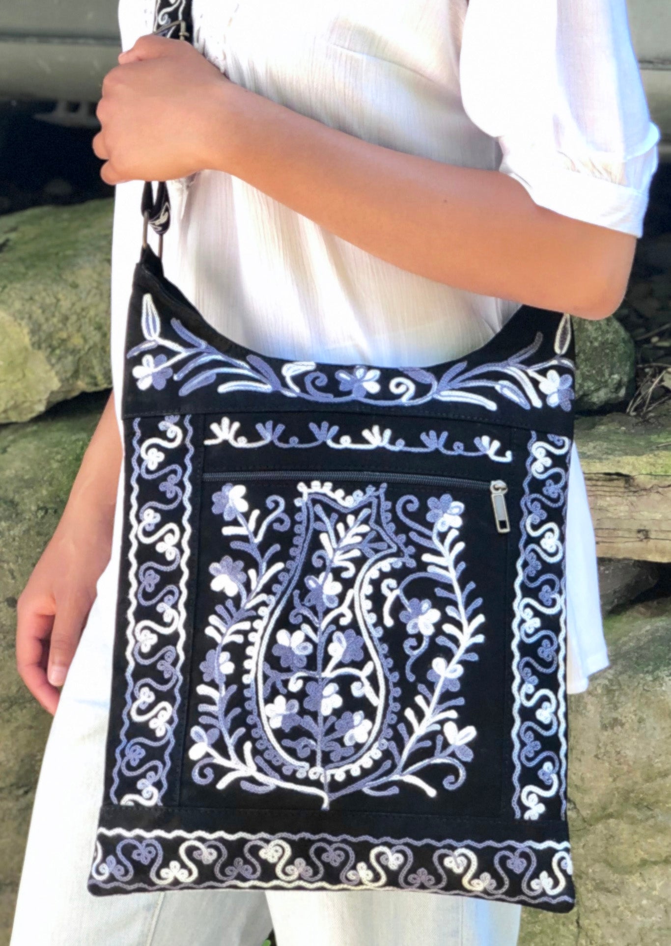 Handmade Black and Grey Suede Embroidered llama Bag