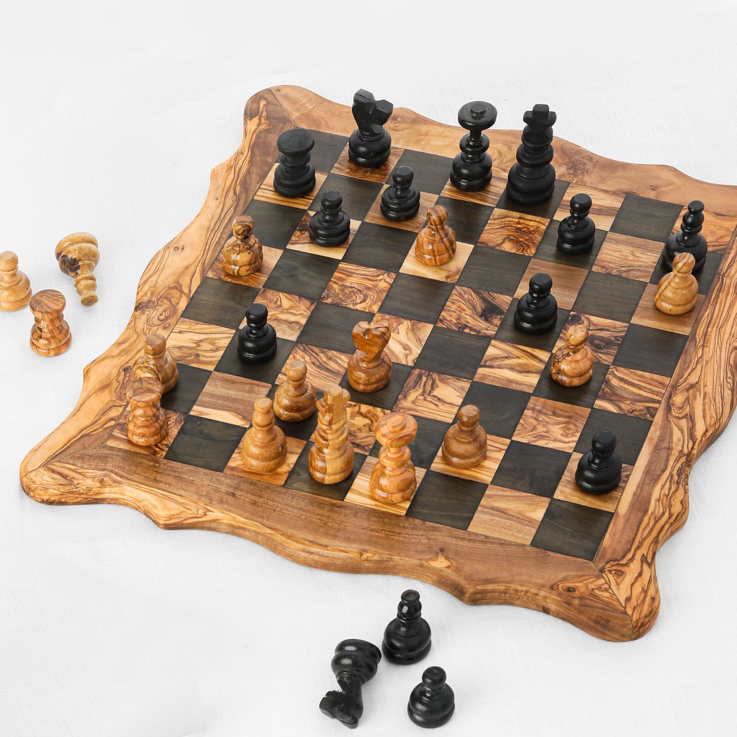 Artisan Olive Wood Chess Set with Square Wavy Board
