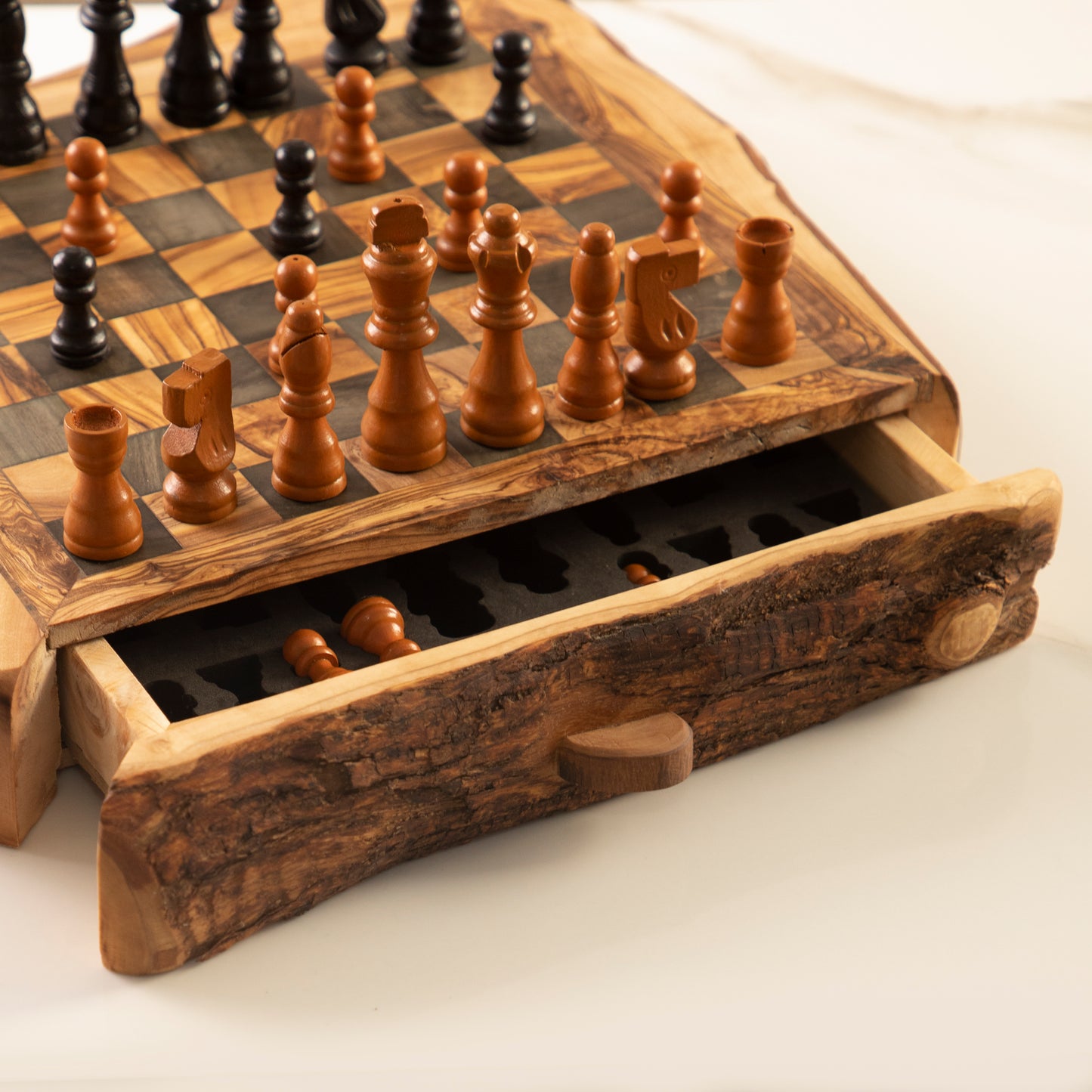 Handmade Olive Wood Chess Set with One Large Rustic Drawer