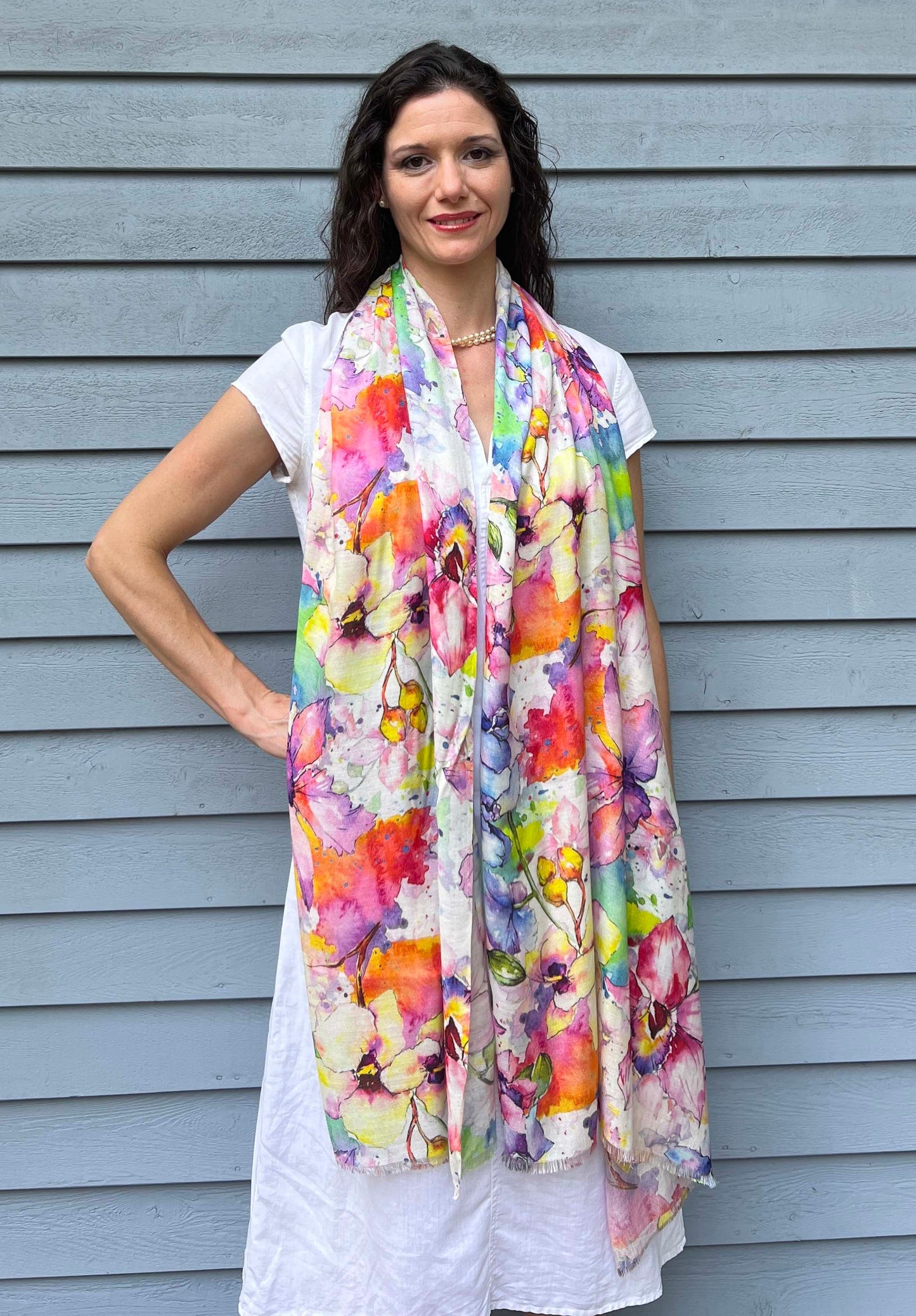 Spring Flowers Digitally Printed Abstract Watercolor Scarf