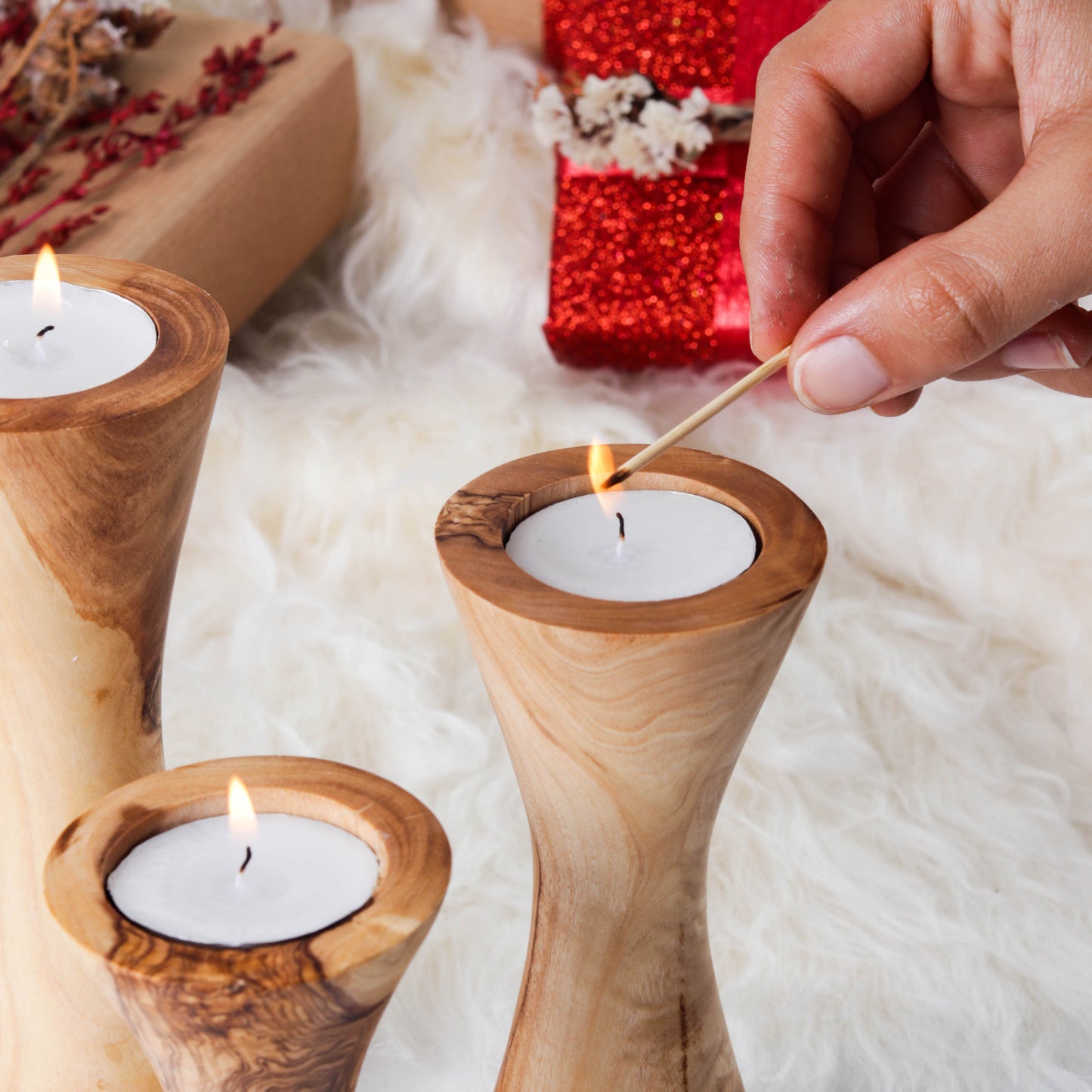 Candle Holder Set of 3 – Handcrafted Olive Wood Candle Stands