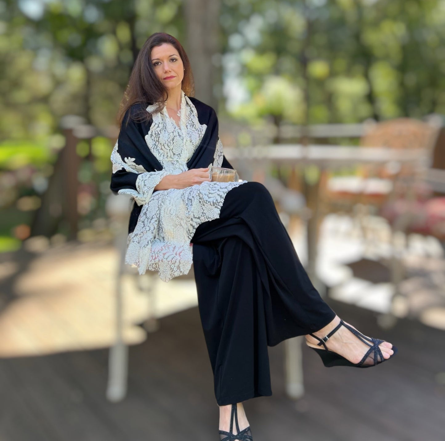 Black and White Wool and Silk Lace Scarf / Wrap