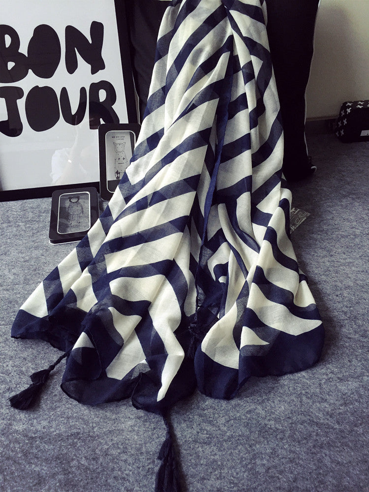 Striped Scarf in Navy/White with Removable Tassels