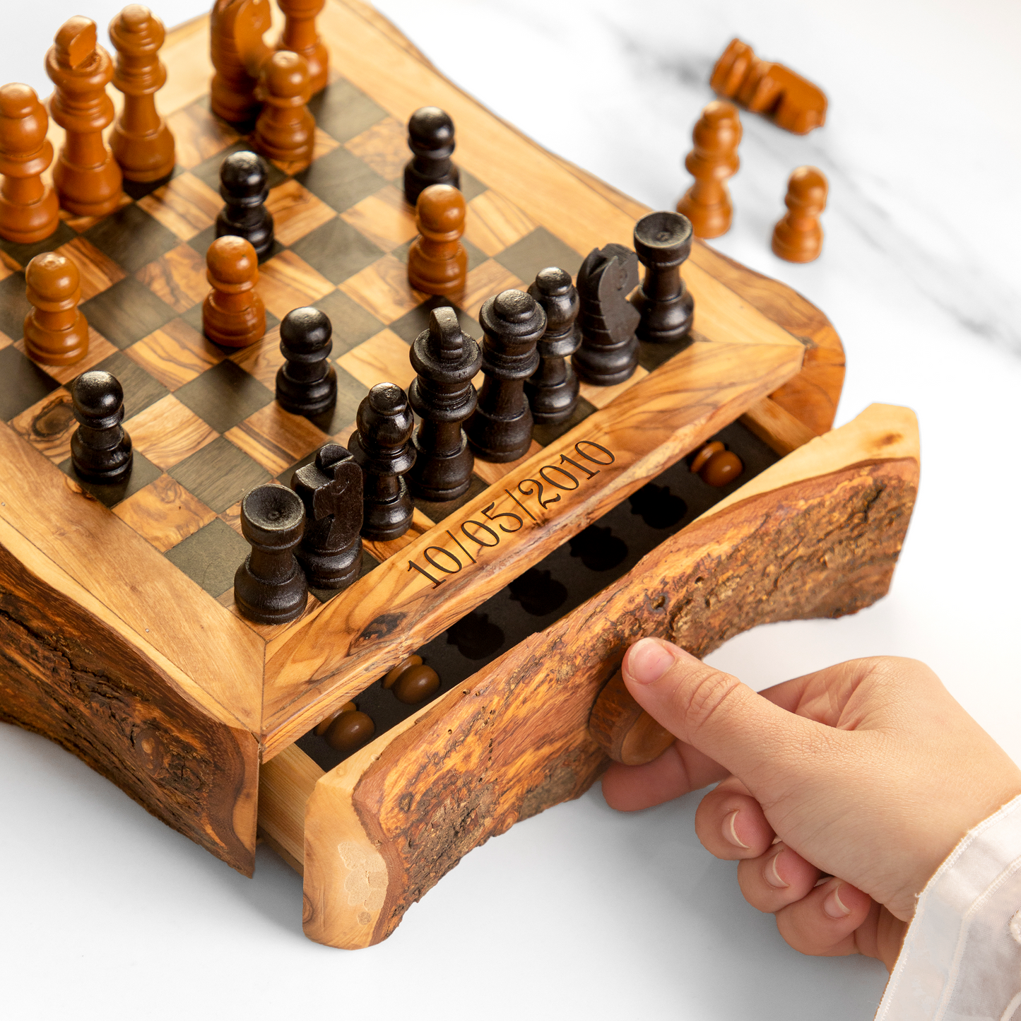 Handmade Olive Wood Chess Set with One Large Rustic Drawer