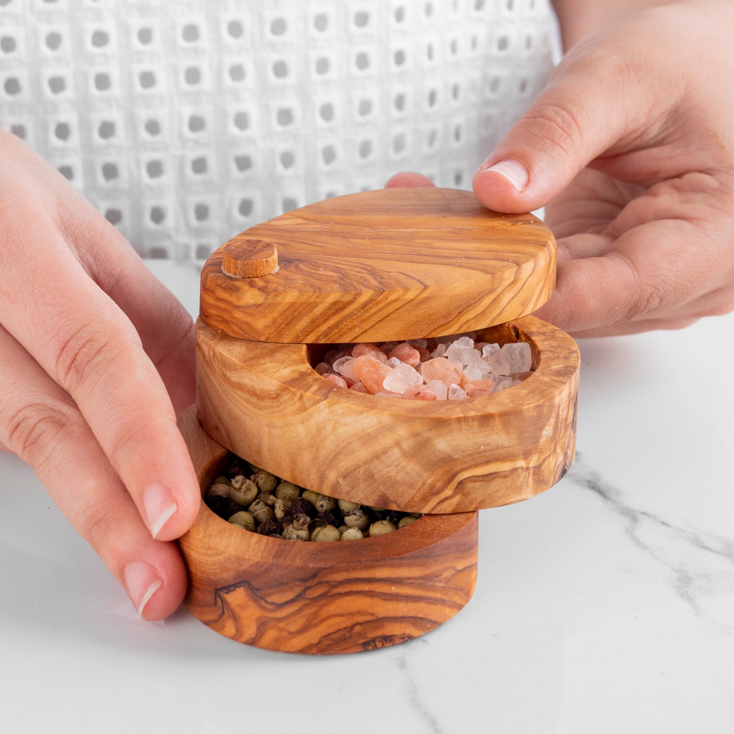 Handmade Olive Wood Salt Double Layer – Rustic & Sustainable Kitchen