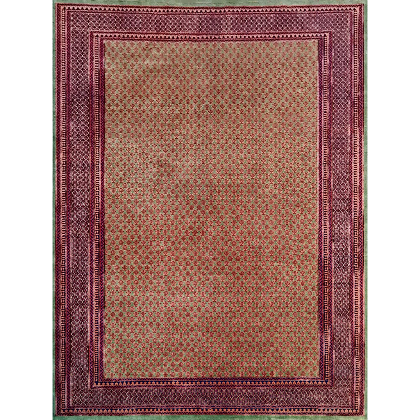 9×12 Feet Wool Green Hand Knotted Carpet Tribal