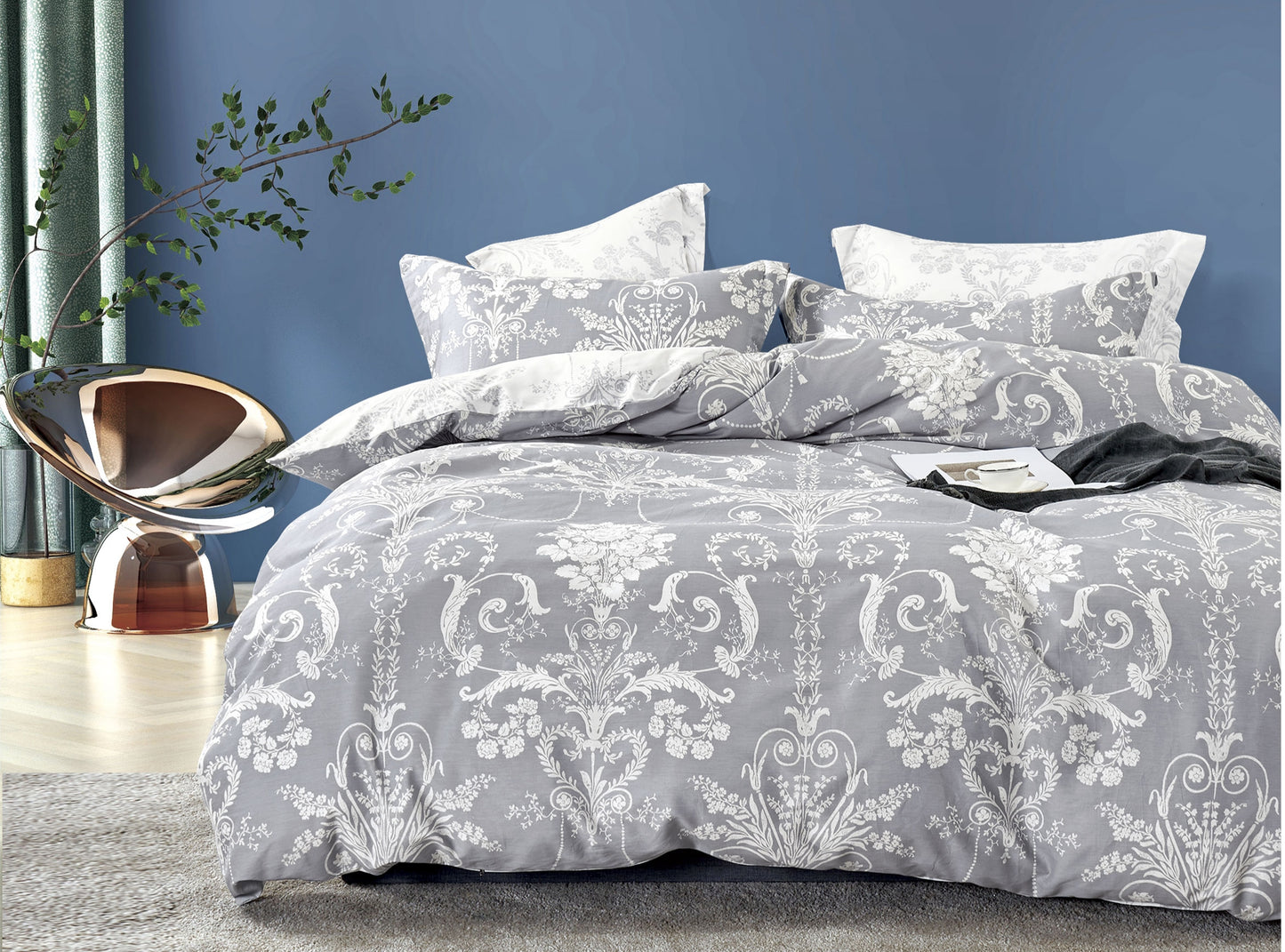 Lauren Damask White/Grey 100% Cotton Reversible Comforter Set
