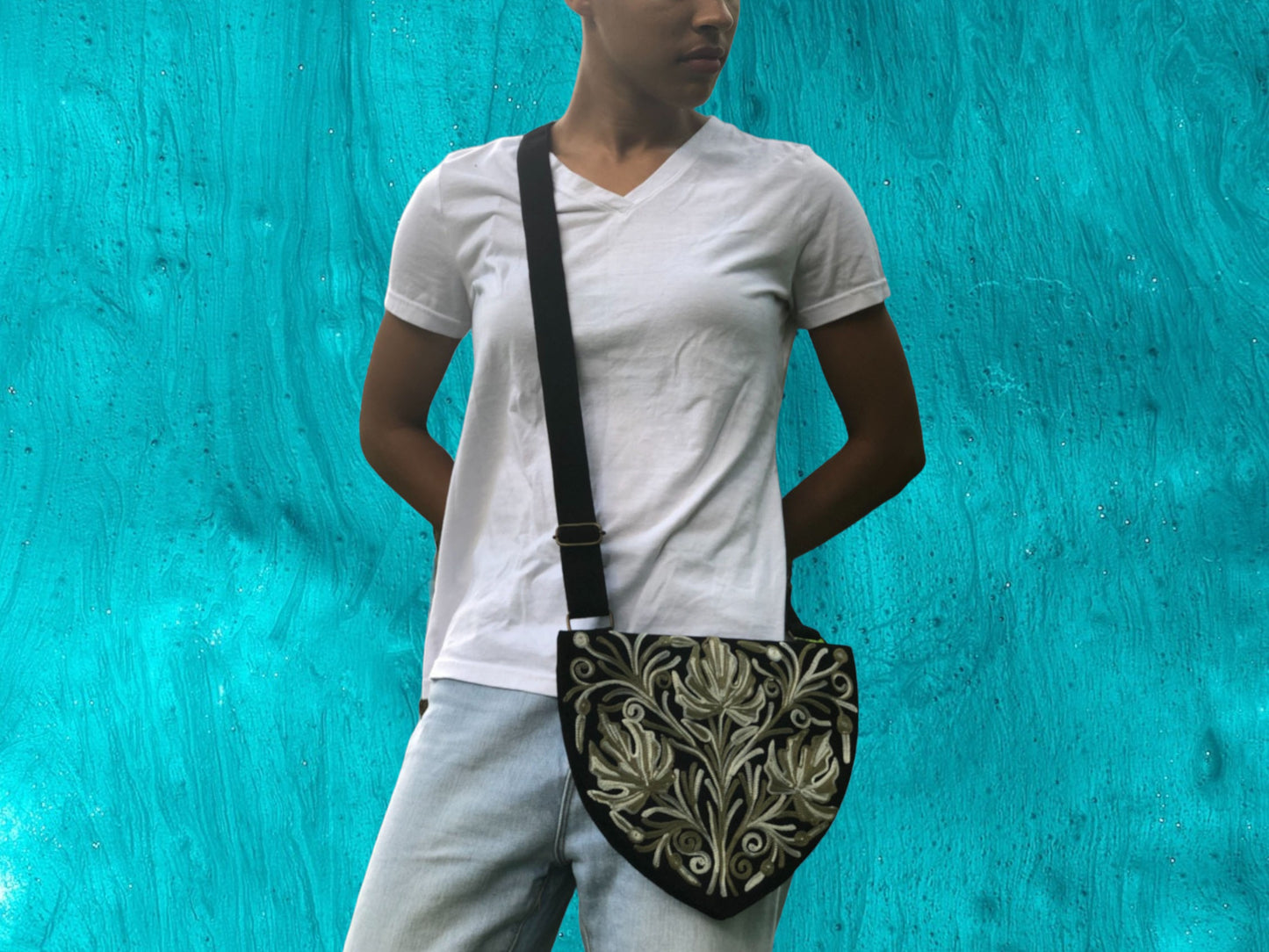 Handmade Suede Embroidered Heart Shaped Bag