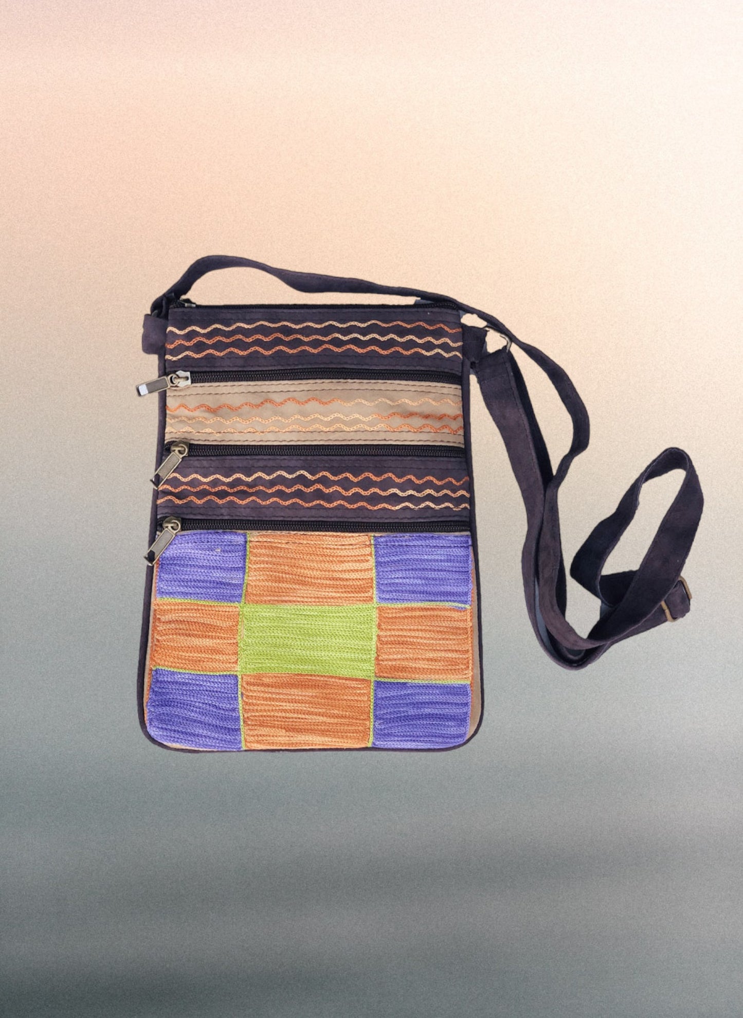 Purple, Green and Peach Suede Cross Body Bag