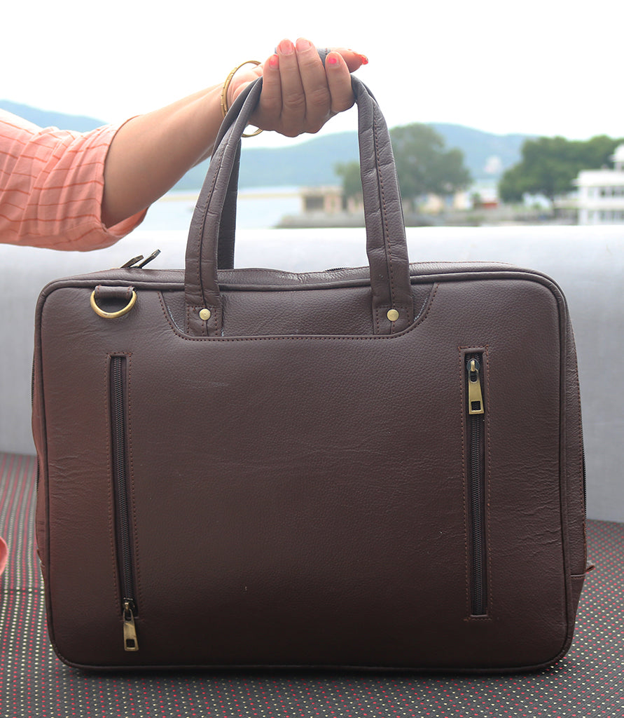ANUENT 16 Inch Handmade Brown Leather Laptop Briefcase.