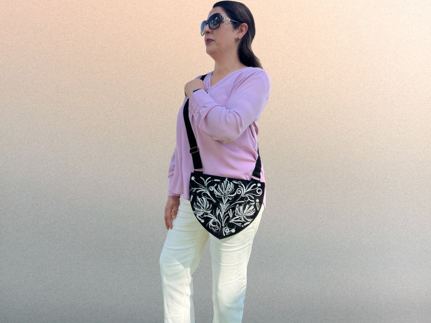 Handmade Black and White Suede Embroidered Heart Shaped Bag