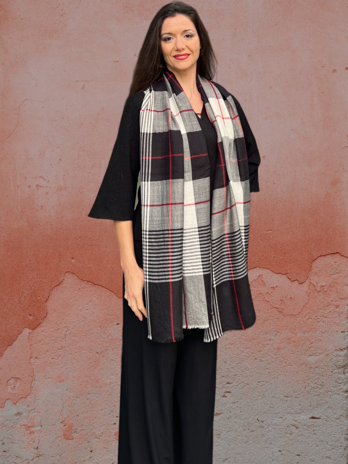 Hand Loomed Black Wool And Silk Check Scarf