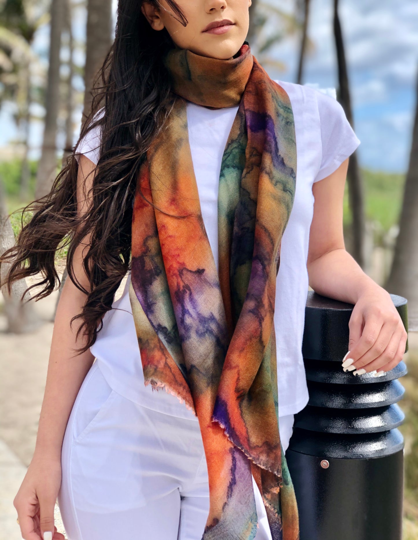 Hand Painted Orange & Purple Watercolor Wool & Silk Scarf