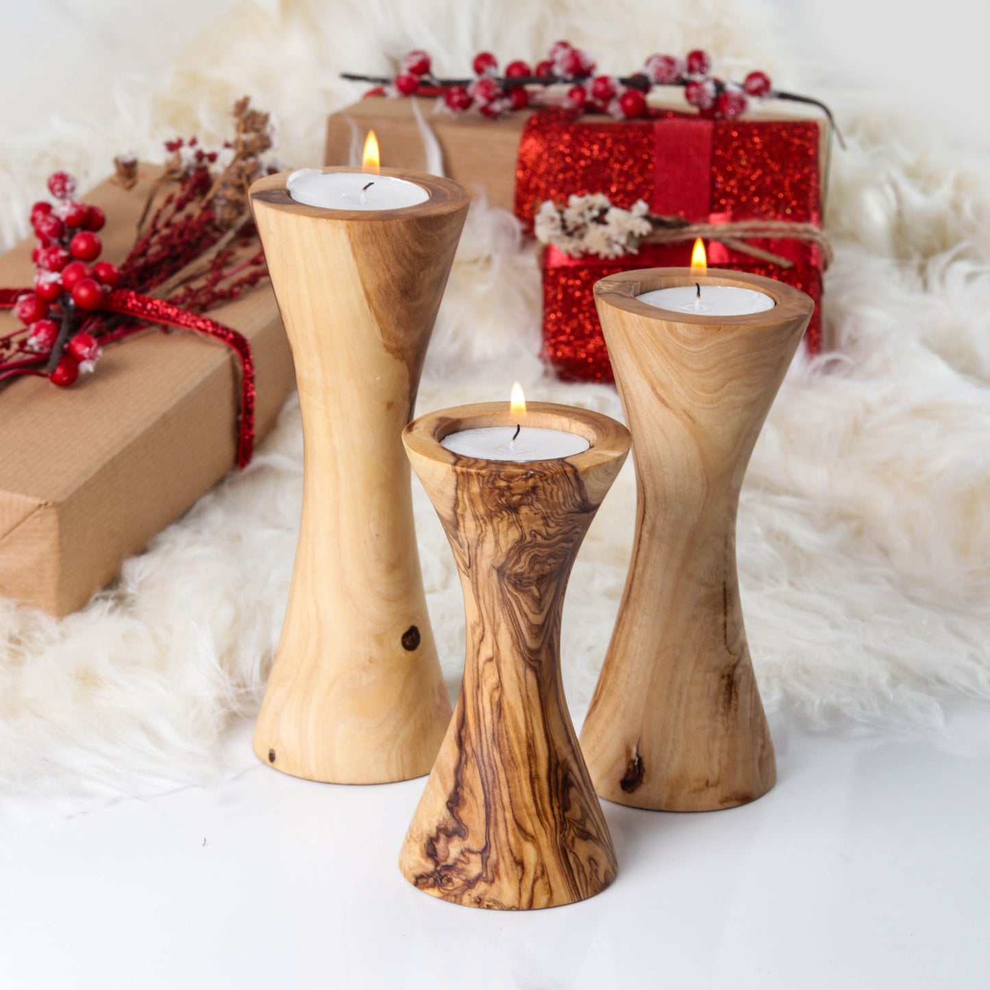 Candle Holder Set of 3 – Handcrafted Olive Wood Candle Stands