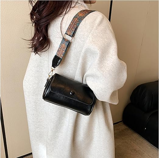 Women PU Leather Purse Handbag with Wide Strap, Zip Closure