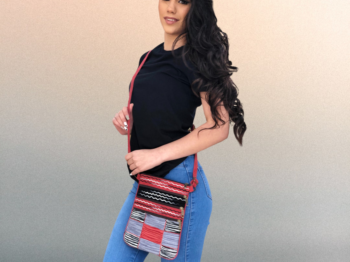 Red and Gray Suede Cross Body Bag