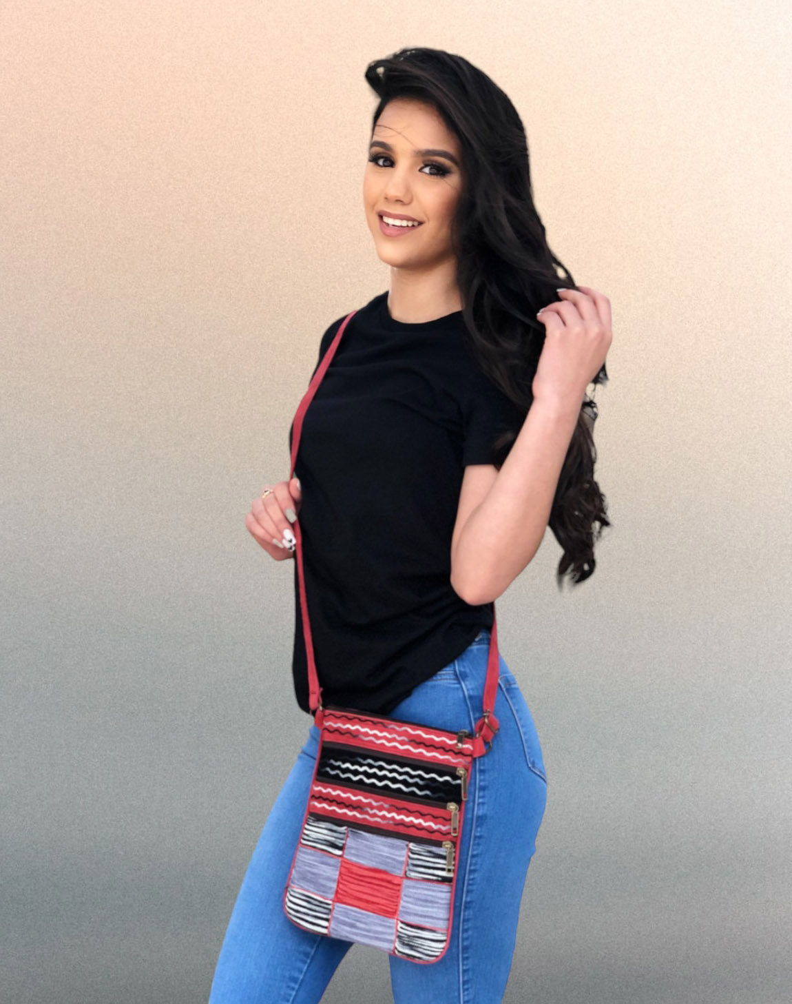 Red and Gray Suede Cross Body Bag