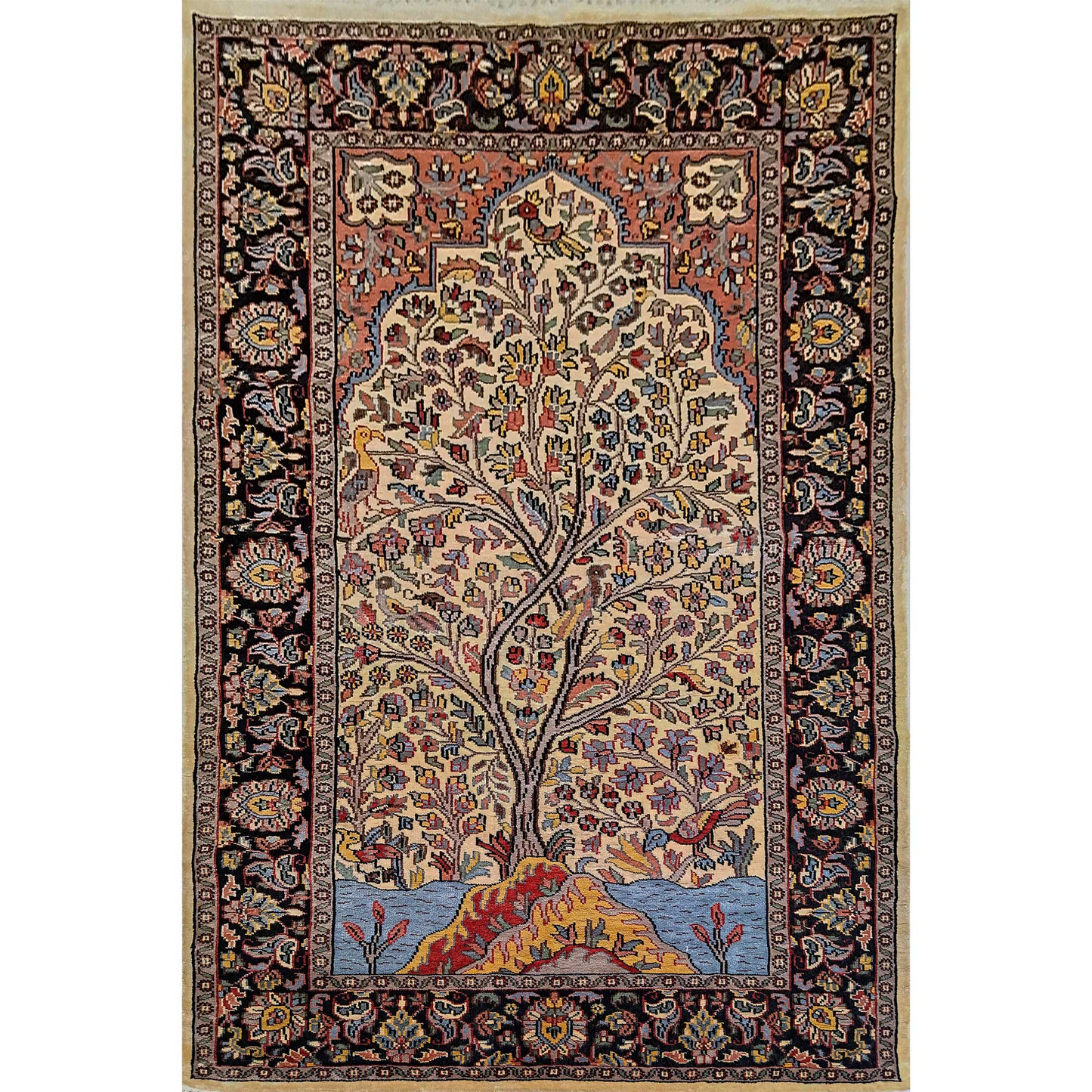 Hand Knotted Tree And Birds Oriental Silk Carpet