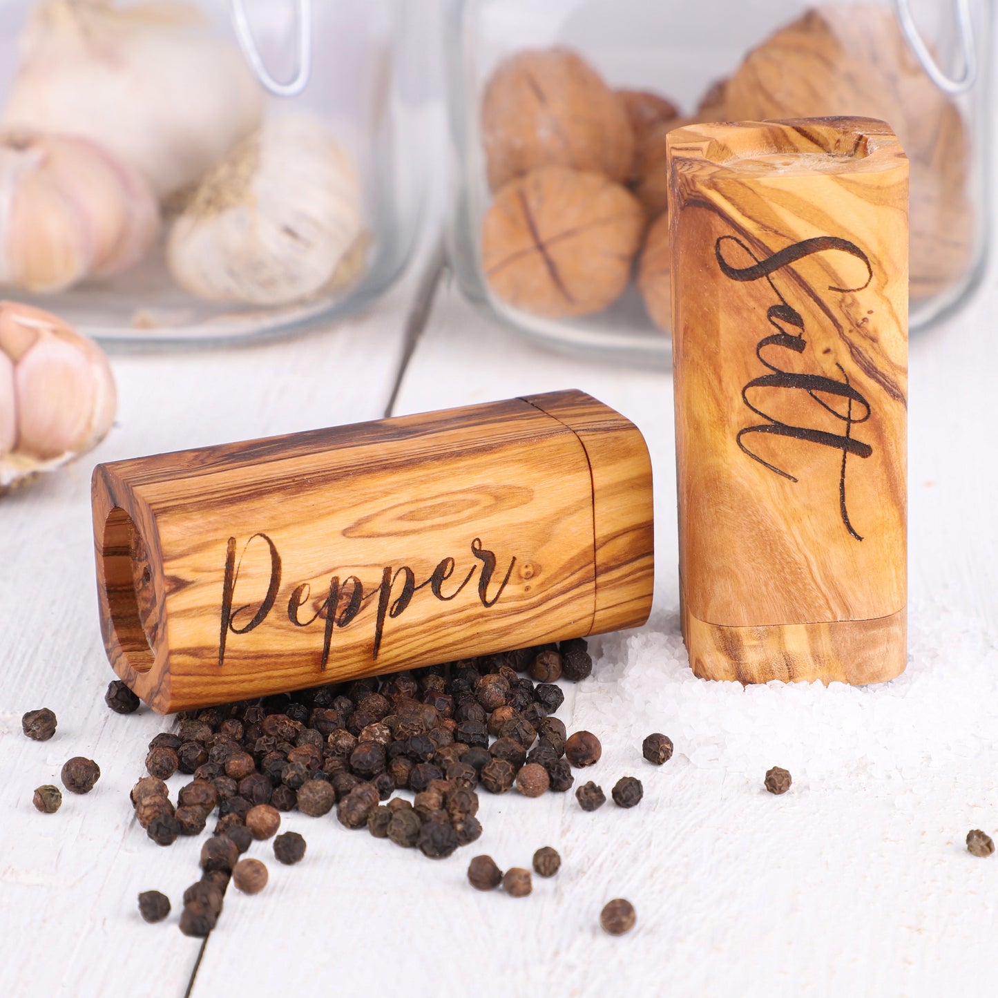 Rustic Olive Wood Salt & Pepper Shakers for a Cozy Dining Table