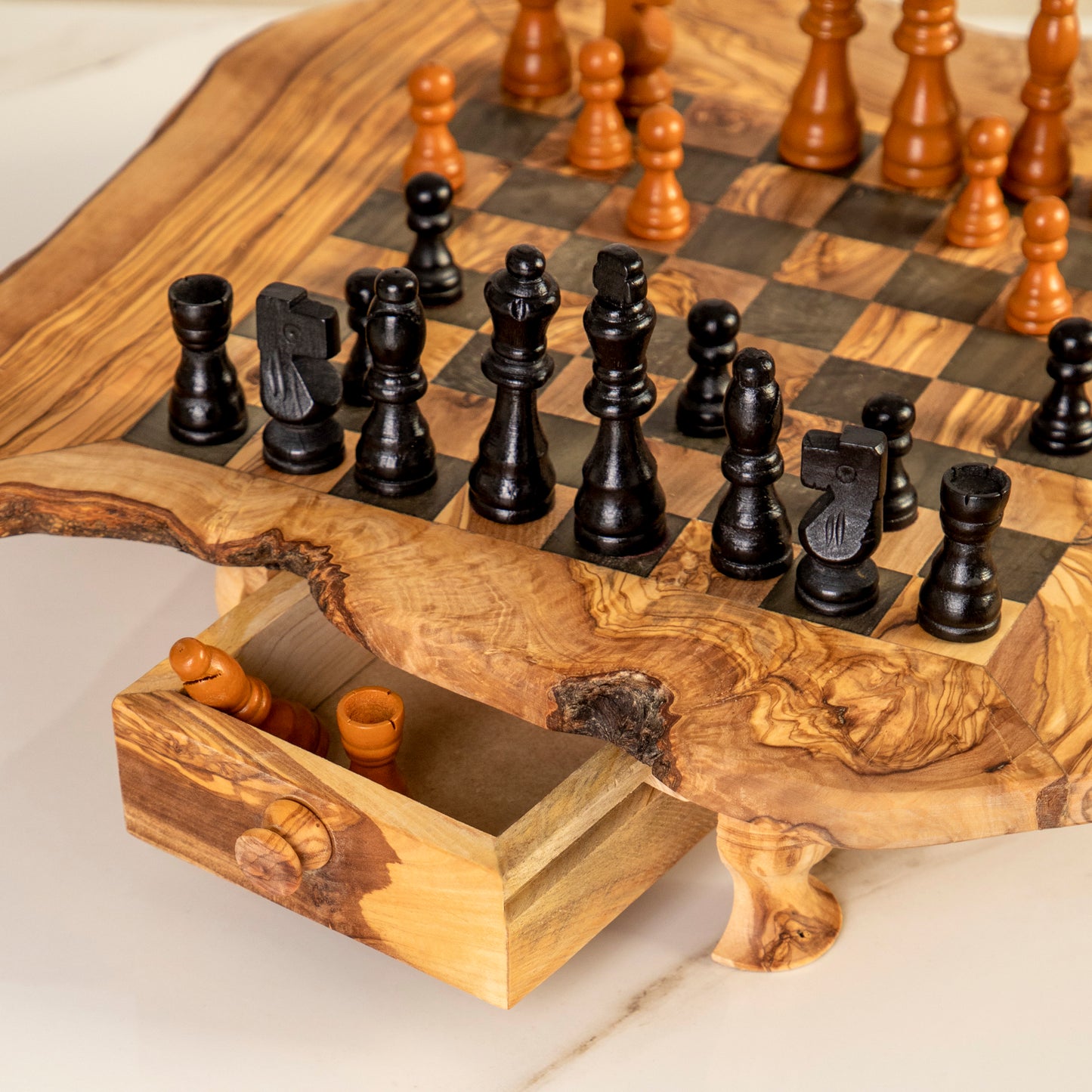 Handcrafted Olive Wood Chess Set with Drawers and Legs for Home Decor