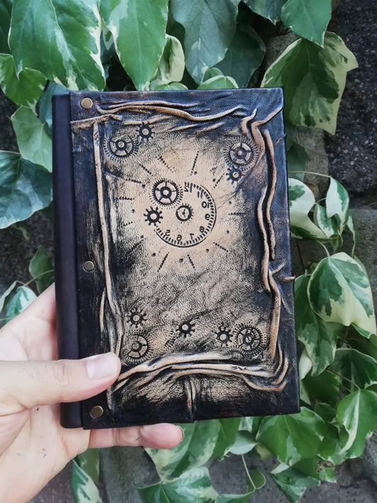 Gear Clock Dark Brown Leather Notebook Diary Journal