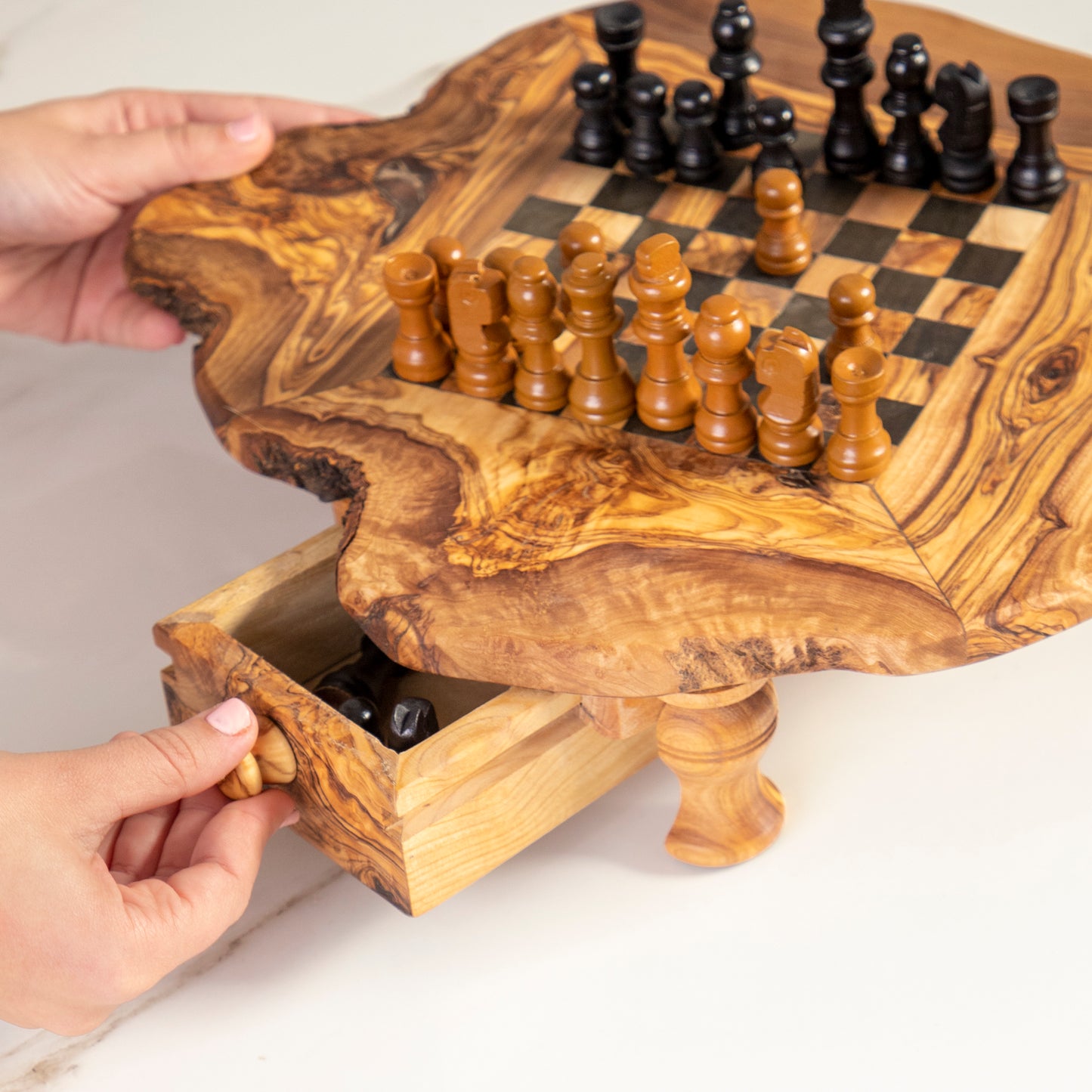 Handcrafted Olive Wood Chess Set with Drawers and Legs for Home Decor